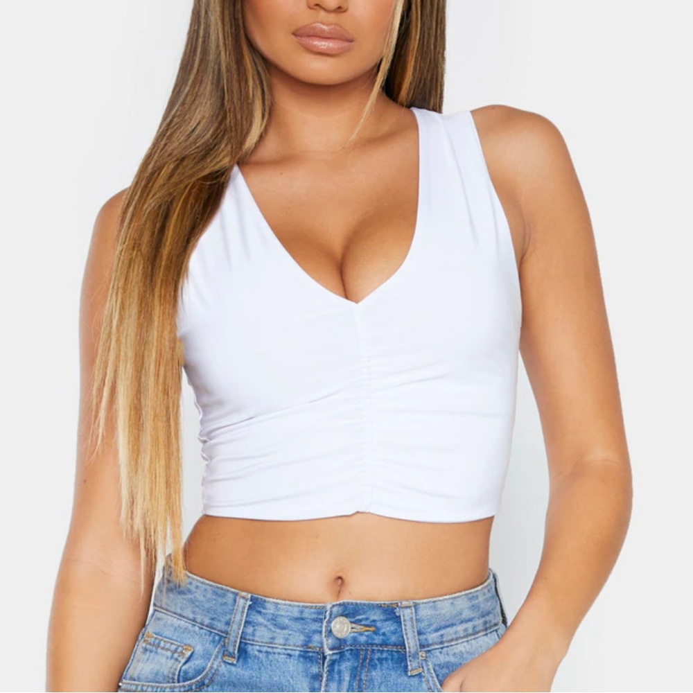 PrettyLittleThing White Slinky Ruched Front V Neck Crop Top